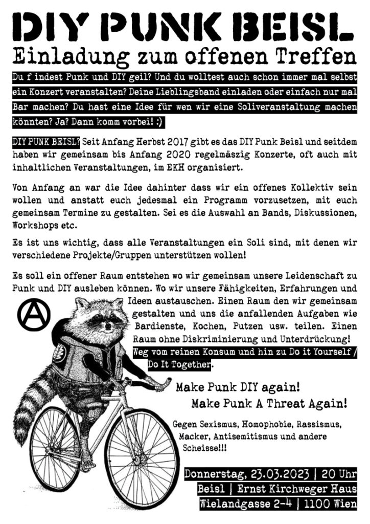 Einladung zum offenen DIY Punk Beisl Treffen @ekh